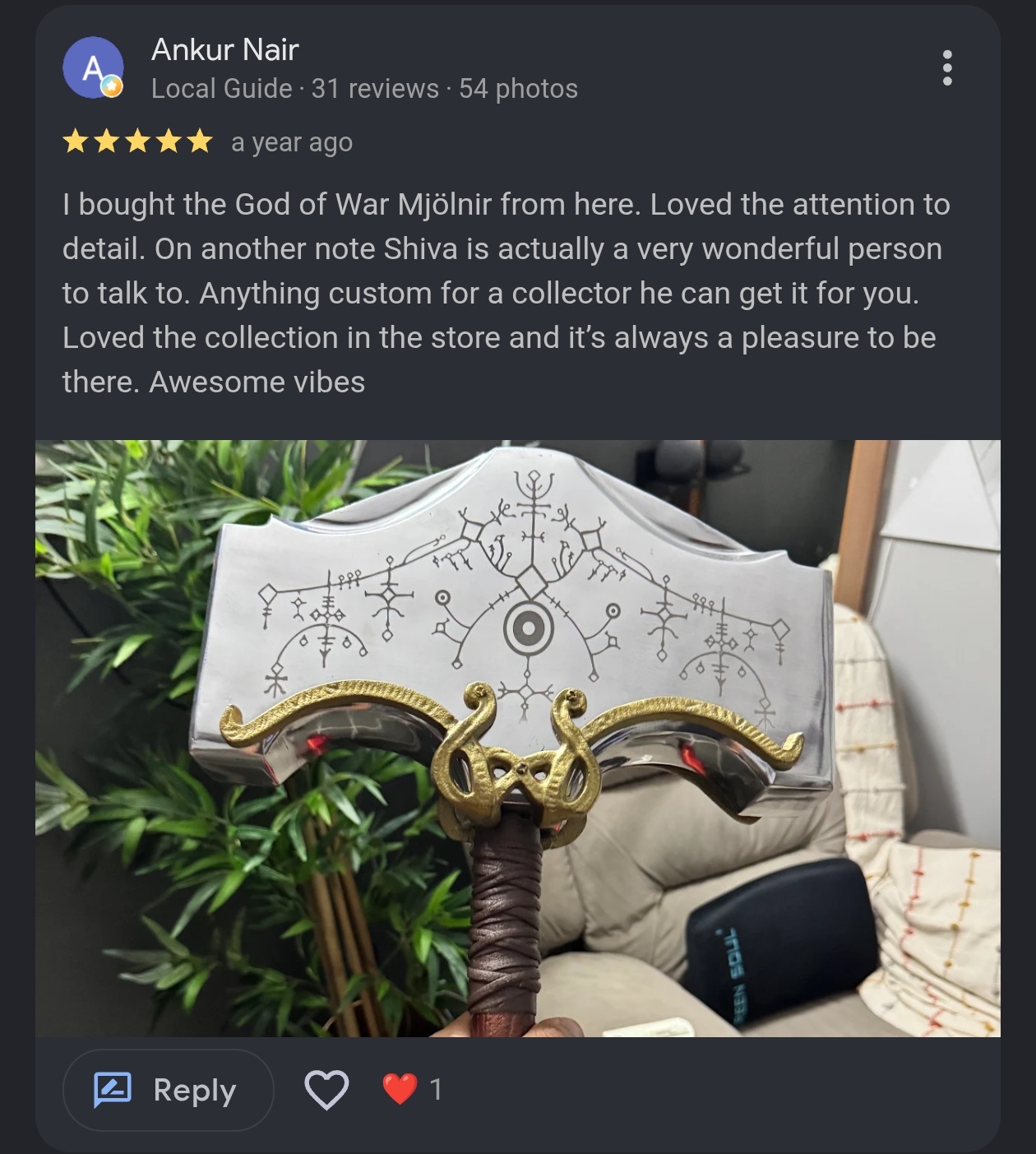 Google review by Ankur Nair, Local Guide, on the God of War Mjolnir
