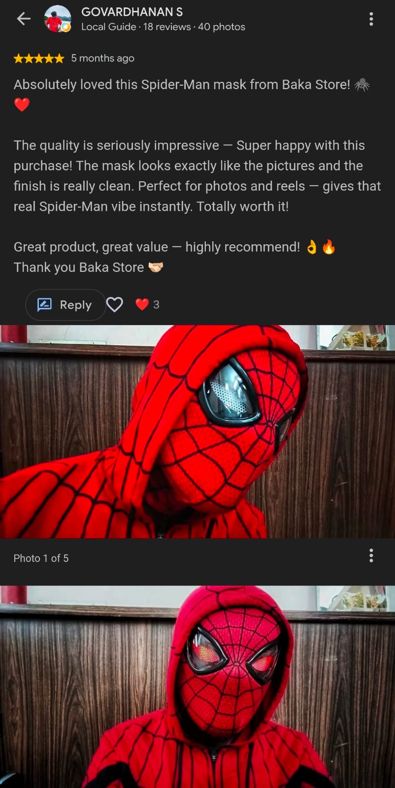 Google review by Govardhanan S, Local Guide, on a Spider-Man mask