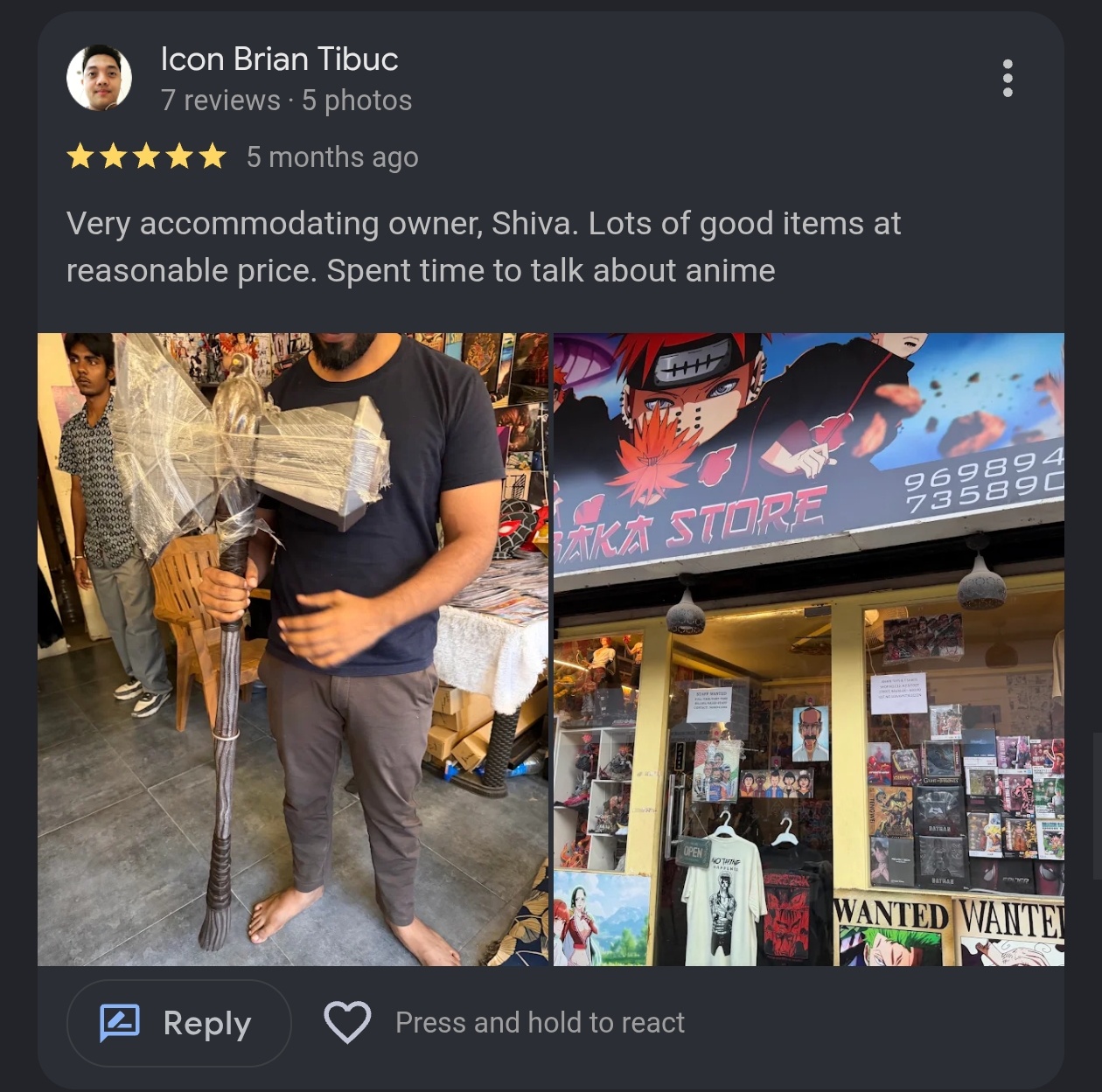 Google review by Icon Brian Tibuc, showing the real Baka Store storefront
