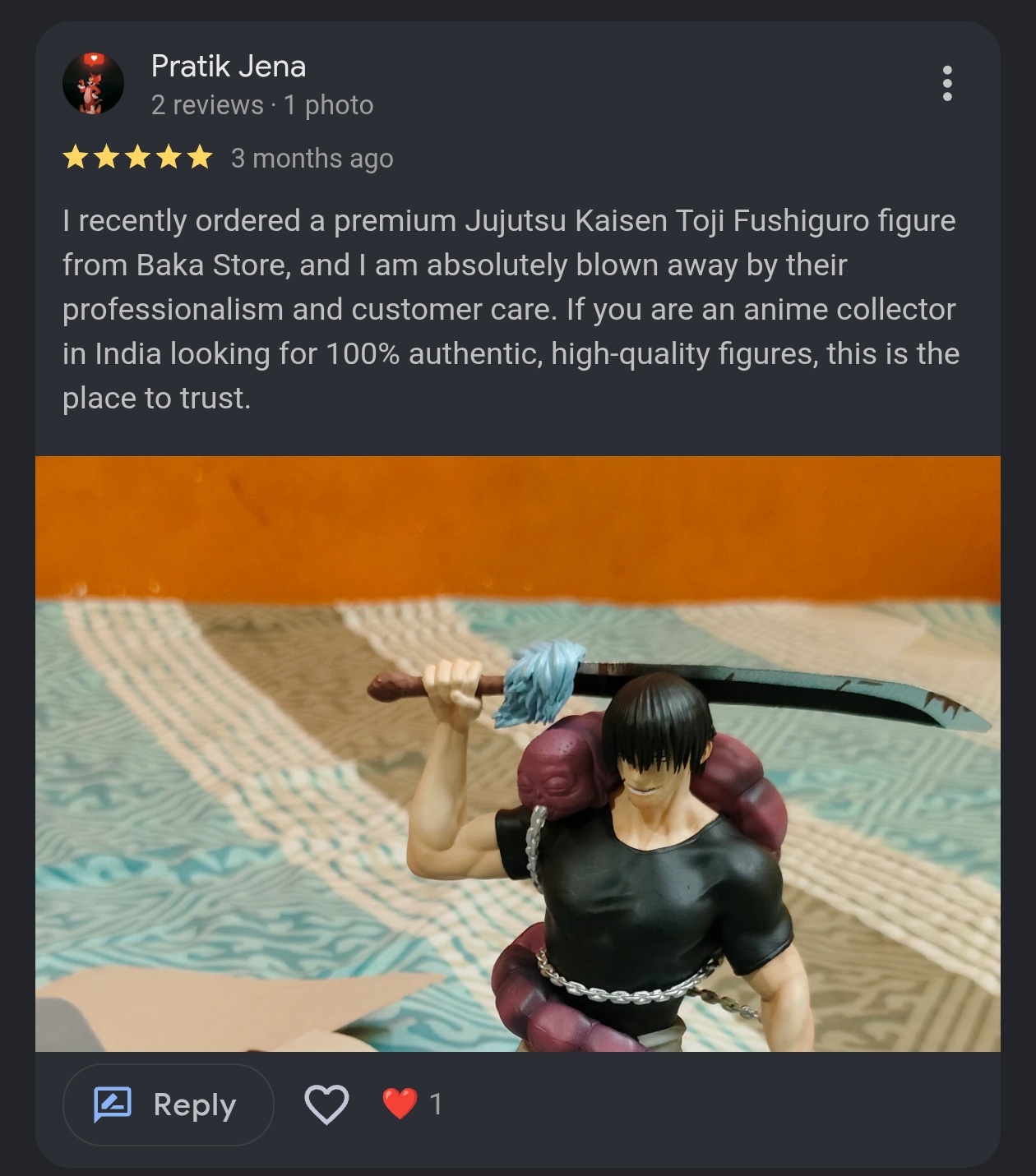 Google review by Pratik Jena on a Jujutsu Kaisen Toji Fushiguro figure