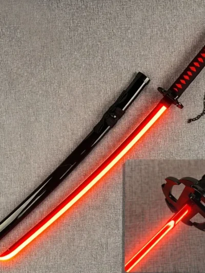 Zangetsu LED Katana with red glowing blade, black sheath and guard close-up